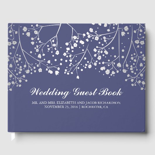 Silver Gipskraut Floral Elegant Navy Hochzeit Gästebuch (Vorderseite)