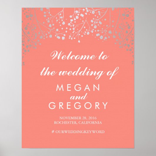 Silver Gipskraut Wedding Welcome Sign Coral Poster (Vorne)