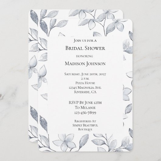 Silver Glam Floral Brautparty Einladung (Vorne/Hinten)