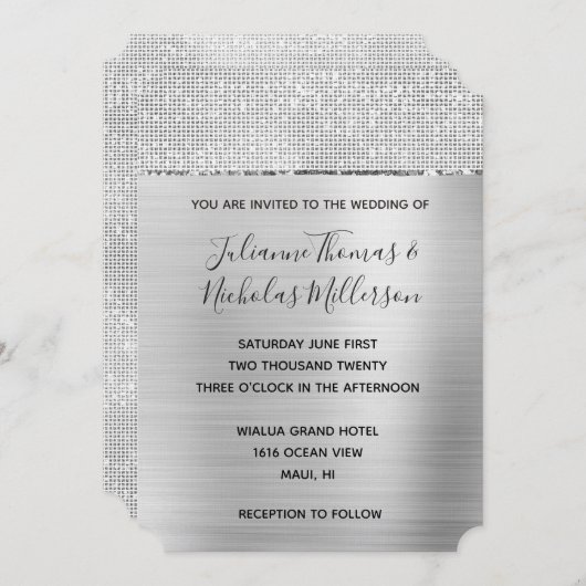 Silver Glam Glitz Wedding Einladung (Vorne/Hinten)