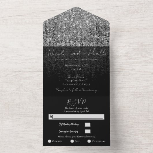 Silver Glam Glitzer Moderne Sparkle Hochzeit All In One Einladung (Innen Boden)