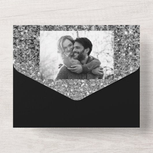 Silver Glam Glitzer Moderne Sparkle Hochzeit All In One Einladung (Rückseite)