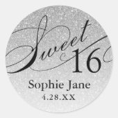 Silver Glam Glitzer Sweet 16 Personalisiert Runder Aufkleber (Vorderseite)