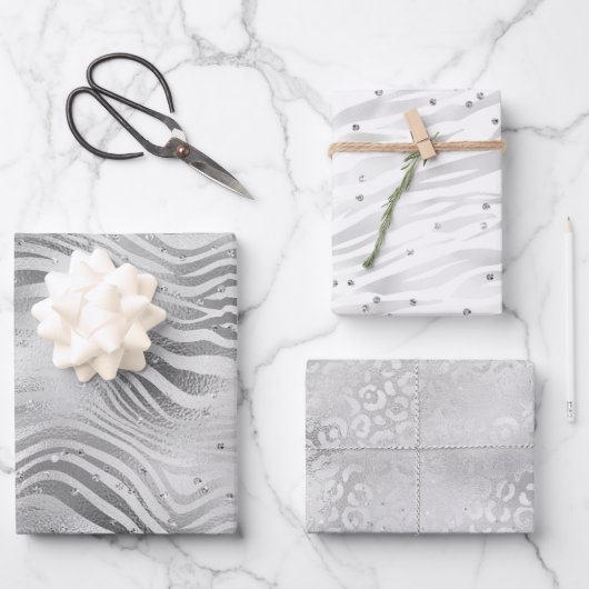 Silver Glam Sparkle Glitzer Geschenkpapier Set (Vorderseite)