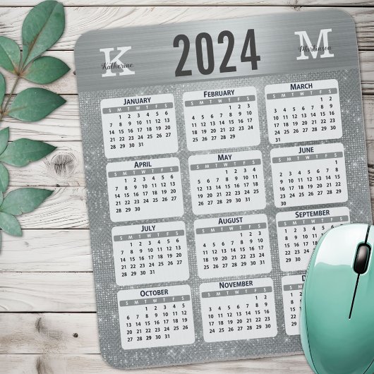 Silver Glam Sparkle Monogram Name 2024 Calendar Mousepad