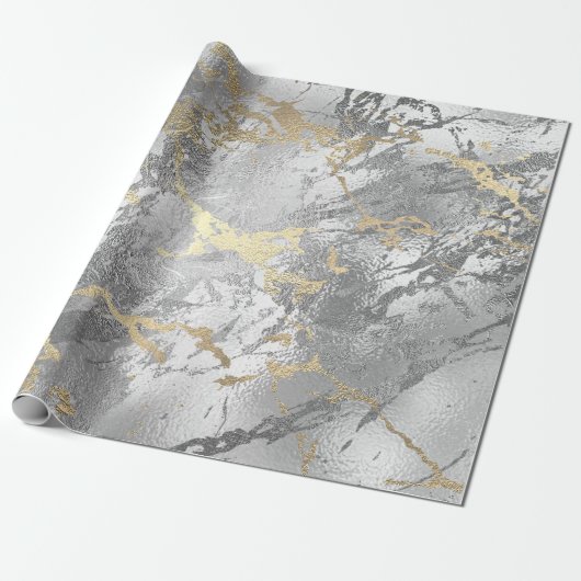 Silver Glass Gold Marmor Shiny Metallic Strokes Geschenkpapier (Ungerollt)