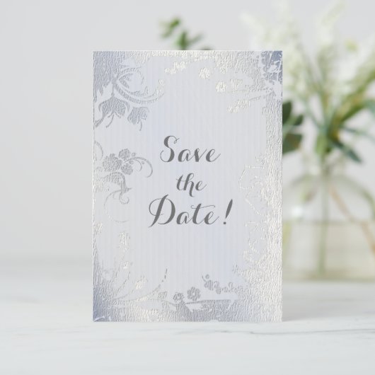 Silver Glimmer Floral Save the Date (Stehend Vorderseite)