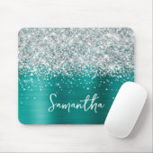 Silver Glitter Aqua Teal Glam Name Mousepad (Mit Mouse)