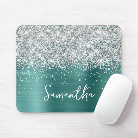 Silver Glitter Aqua Teal Glam Name Mousepad (Mit Mouse)