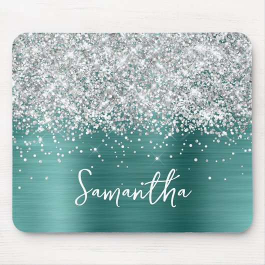 Silver Glitter Aqua Teal Glam Name Mousepad (Vorne)