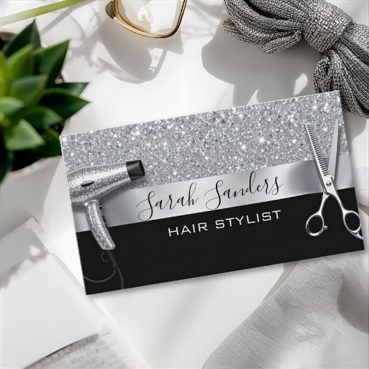 Silver Glitter & Black Glam Hair Stylist Visitenkarte