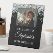 Silver Glitter Black Photo 40th Birthday Sockelschild (In Situ)