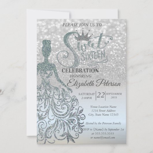 Silver Glitter Bokeh Shadow, Dress, Tiara, Sweet 1 Einladung (Vorderseite)