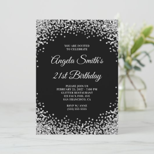 Silver Glitter Border Black 21st Birthday Einladung (Stehend Vorderseite)