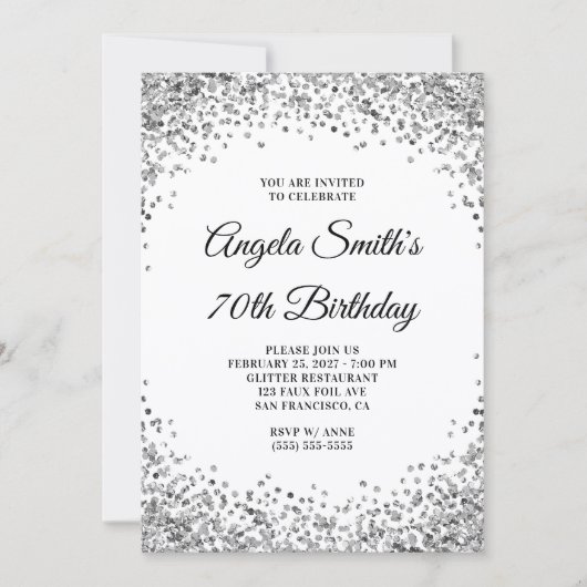 Silver Glitter Border White 70th Birthday Einladung (Vorderseite)