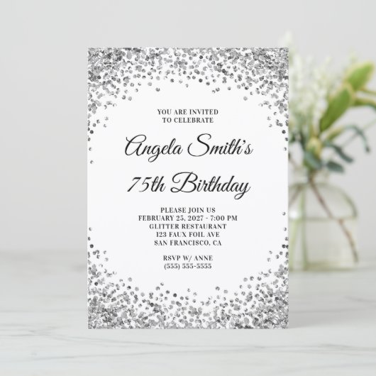 Silver Glitter Border White 75th Birthday Einladung (Stehend Vorderseite)