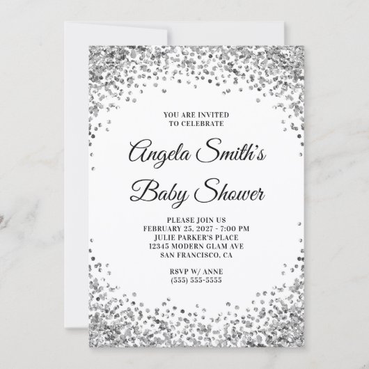 Silver Glitter Border White Baby Shower Einladung (Vorderseite)
