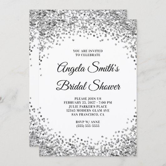 Silver Glitter Border White Bridal Shower Einladung (Vorne/Hinten)