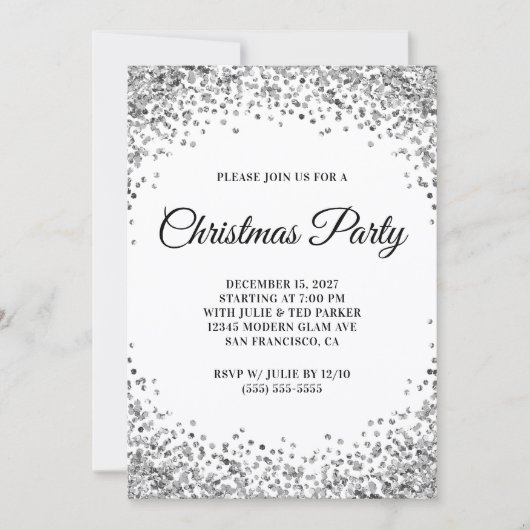 Silver Glitter Border White Christmas Party Einladung (Vorderseite)