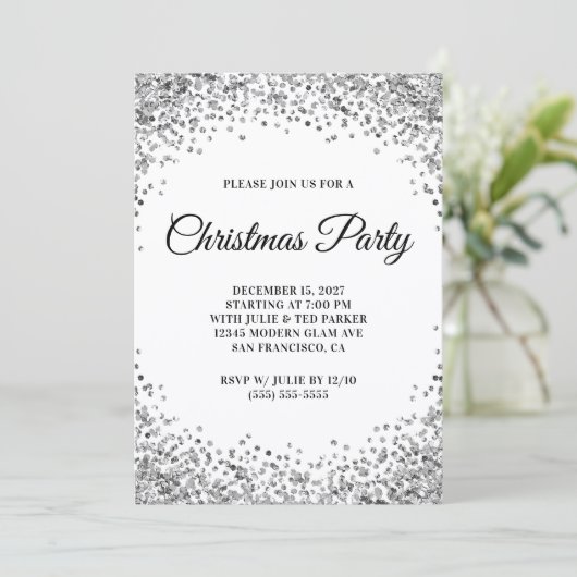 Silver Glitter Border White Christmas Party Einladung (Stehend Vorderseite)
