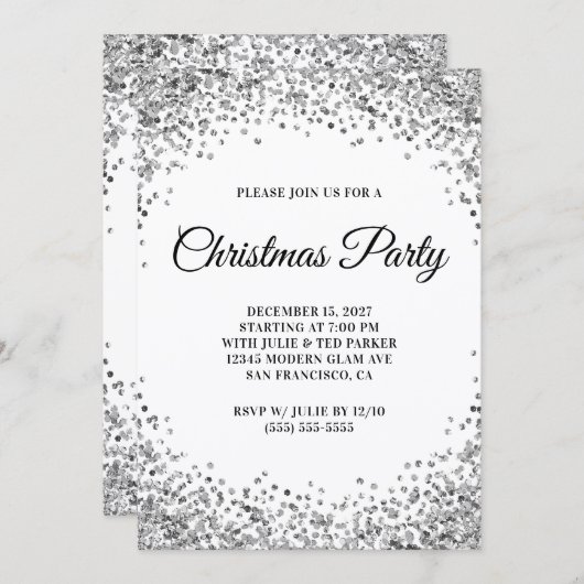 Silver Glitter Border White Christmas Party Einladung (Vorne/Hinten)