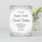 Silver Glitter Border White Sweet Sixteen Einladung (Stehend Vorderseite)