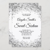 Silver Glitter Border White Sweet Sixteen Einladung (Vorne/Hinten)