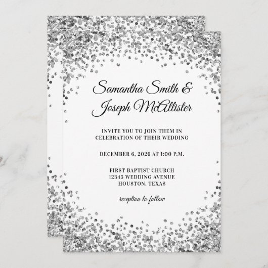 Silver Glitter Border White Wedding Einladung (Vorne/Hinten)