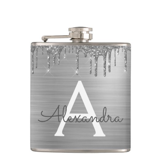 Silver Glitter Brushed Metal Monogram Name Flachmann (Vorderseite)