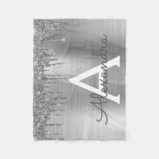 Silver Glitter Brushed Metal Monogram Name Fleecedecke (Vorderseite)