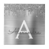 Silver Glitter Brushed Metal Monogram Name Fliese (Vorderseite)