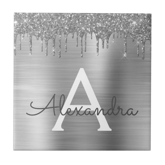 Silver Glitter Brushed Metal Monogram Name Fliese (Vorderseite)