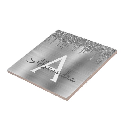 Silver Glitter Brushed Metal Monogram Name Fliese (Seite)