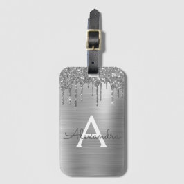 Silver Glitter Brushed Metal Monogram Name Gepäckanhänger