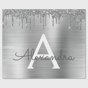 Silver Glitter Brushed Metal Monogram Name Geschenkpapier