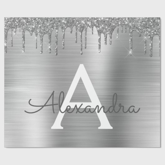 Silver Glitter Brushed Metal Monogram Name Geschenkpapier (Flach)