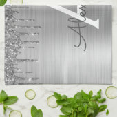 Silver Glitter Brushed Metal Monogram Name Geschirrtuch (Gefaltet)