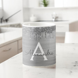 Silver Glitter Brushed Metal Monogram Name Kaffeetasse