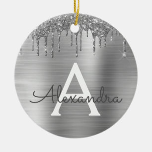 Silver Glitter Brushed Metal Monogram Name Keramik Ornament