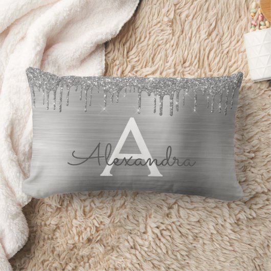 Silver Glitter Brushed Metal Monogram Name Lendenkissen (Decke)