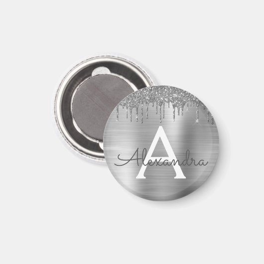 Silver Glitter Brushed Metal Monogram Name Magnet (Vorderseite/Rückseite)