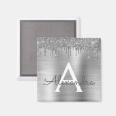 Silver Glitter Brushed Metal Monogram Name Magnet (Vorderseite/Rückseite)
