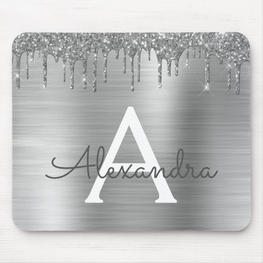 Silver Glitter Brushed Metal Monogram Name Mousepad (Vorne)