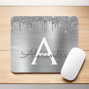 Silver Glitter Brushed Metal Monogram Name Mousepad