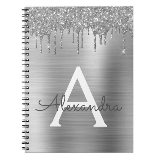 Silver Glitter Brushed Metal Monogram Name Notizblock (Vorderseite)