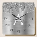 Silver Glitter Brushed Metal Monogram Name Quadratische Wanduhr<br><div class="desc">Silver Faux Foil Metallic Sparkle Glitter Brushed Metal Monogram Name and Initial Luxury Wall Clock. This makes the perfect sweet 16 birthday,  wedding,  bridal shower,  anniversary,  baby shower or bachelorette party gift for someone that loves glam luxury and chic styles.</div>