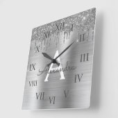 Silver Glitter Brushed Metal Monogram Name Quadratische Wanduhr (Winkel)