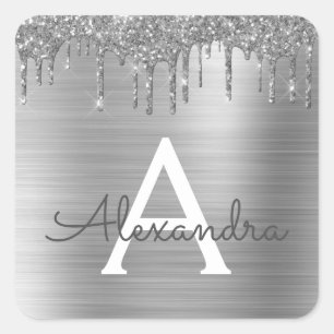 Silver Glitter Brushed Metal Monogram Name Quadratischer Aufkleber