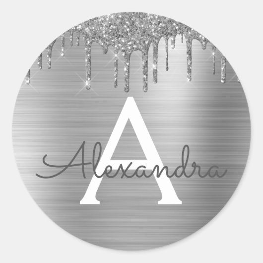 Silver Glitter Brushed Metal Monogram Name Runder Aufkleber (Vorderseite)