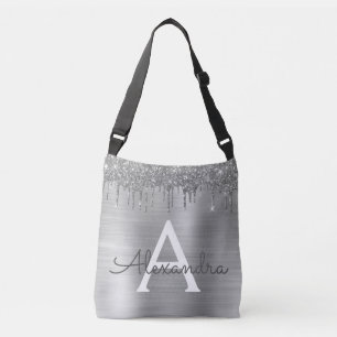 Silver Glitter Brushed Metal Monogram Name Tragetaschen Mit Langen Trägern